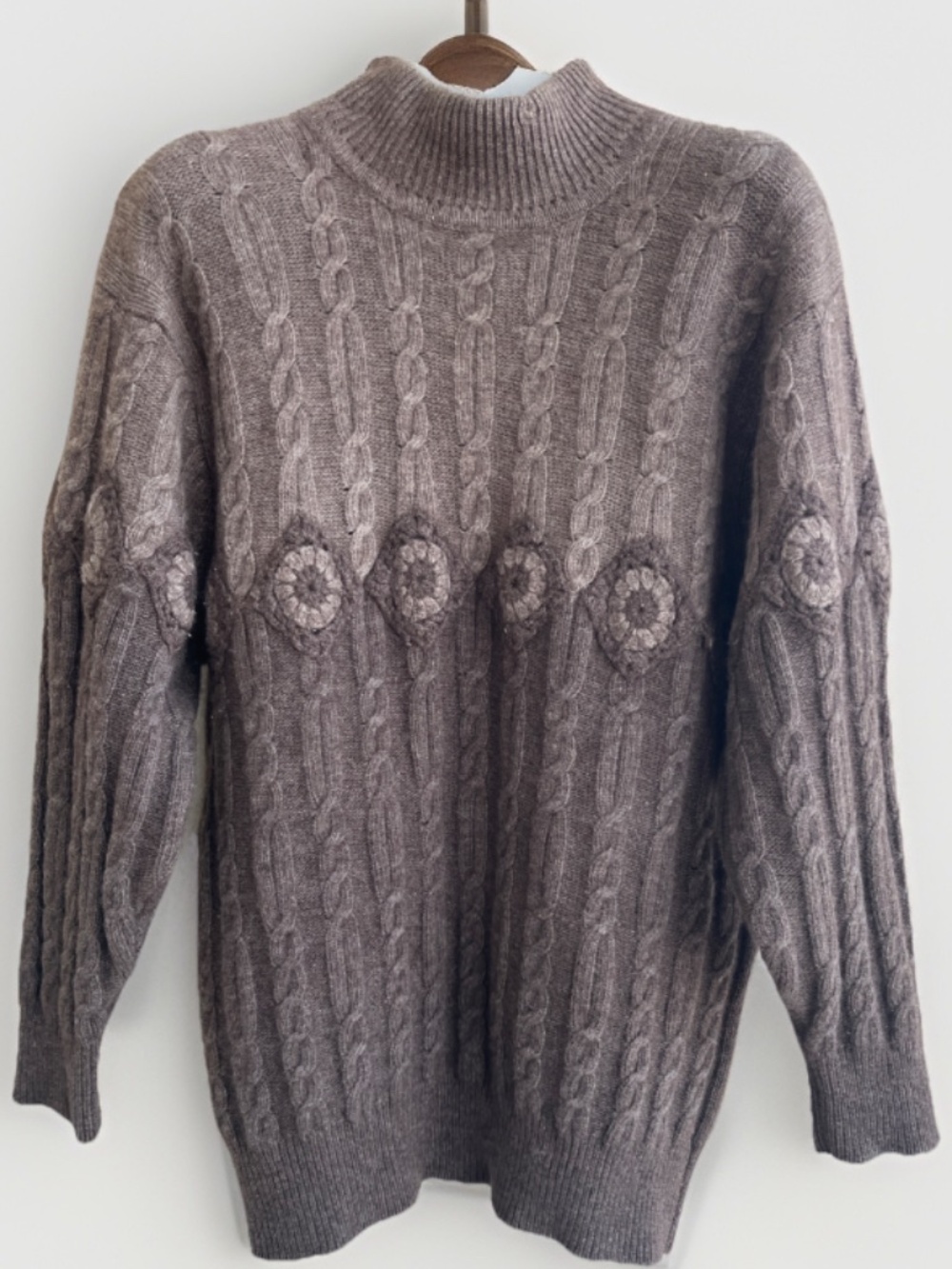 Rare Vintage Cable Knit Wool Sweater Rosette Medallion  Oversized Tunic Brown